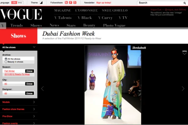 Model wearing a colorful printed kaftan by Shrekahnth at Dubai Fashion Week Fall/Winter 2011–12, featured on Vogue Italia’s website.
